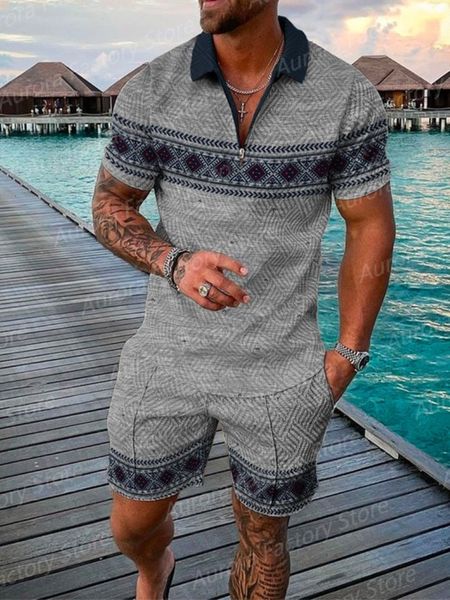 

men s tracksuits summer simple retro style short sleeved polo shirt beach shorts 2 piece sets tracksuit 3d printed casual sports suit 230822, Gray
