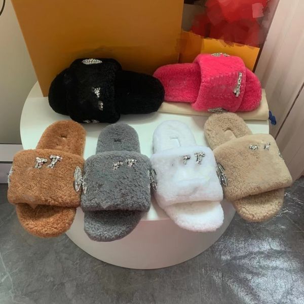 

designer fur slippers women 2023 fashion summer paseo comfort paris furry slides woman rhinestone sandals fluffy winter female shoes glitter, Black