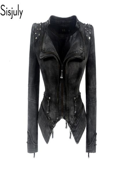 

sisjuly gothic blue gray rivet jackets women asymmetric denim jacket plus size 6xl spring winter zipper motorcycle outerwear y19102043788, Black;brown