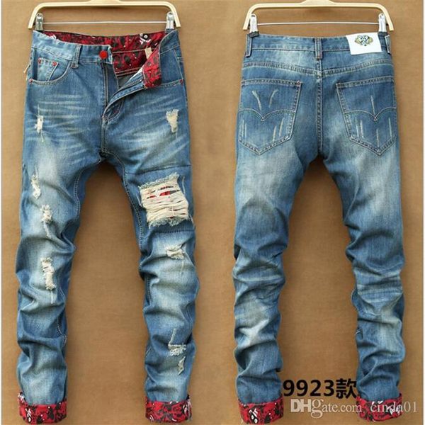 

men's slim skinny pants runway straight elastic denim pants destroyed ripped jeans256p, Blue