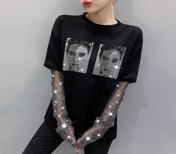 

women039s tshirt 2021 women black tshirts lady solid cotton tees splicing long sleeve t shirts female for woman sequined 1049425, White