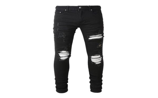 

men039s jeans high street ripped patch stretch slim black jeans8538413, Blue