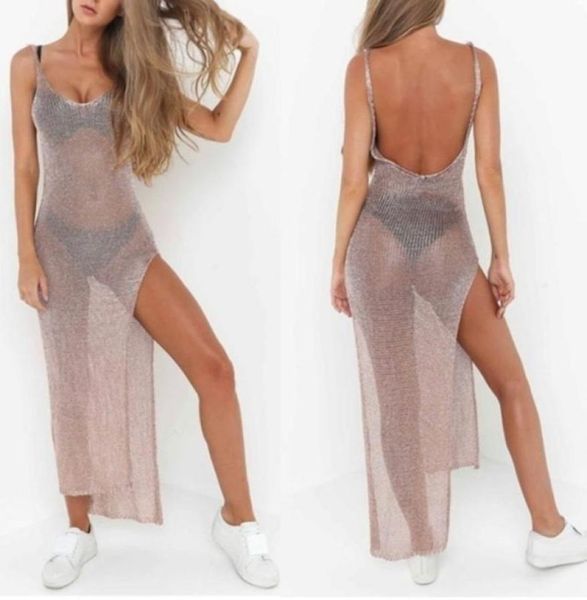 

women summer sunscreen sheer mesh bikini cover up metallic solid color backless high slit beach club party sleeveless dress6670161, Black;gray