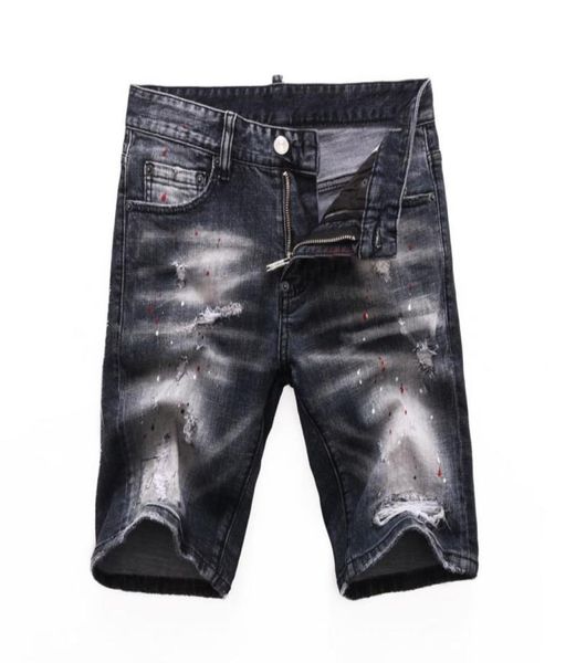 

summer men holes denim shorts fashion mens painted denim jeans slim straight stylist jeans trend men039s black shorts 82719577157, Blue