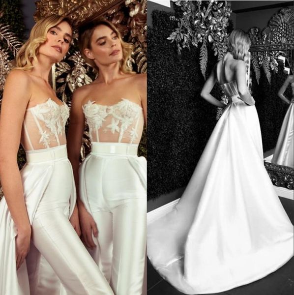 

lace stain wedding jumpsuit with detachable train 2020 modern strapless backless holiday beach bride dress with pant suit7765819, White
