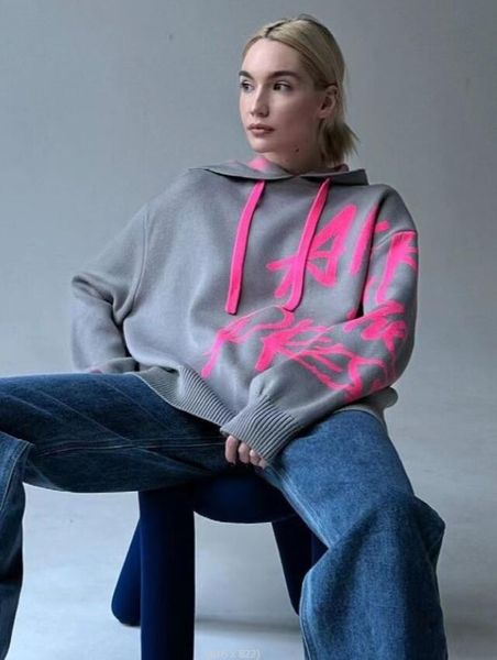 

women's sweaters 2023 autumn/winter casual women's fashion loose letter embroidery contrast hooded pullover sweater women, White;black