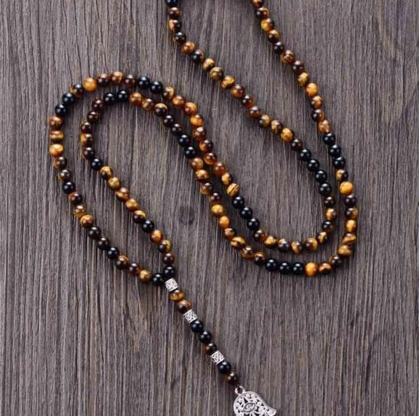 

men039s 6mm tiger eye onyx with antique beads hamsa fatima hand pendant mens rosary necklace jewelry drop 20092970943183449633, Silver