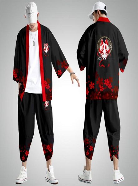 

ethnic clothing cardigan set men black print kimono japanese yukata samurai casual loose streetwear jacket pant suit xs6xl8086757, Red