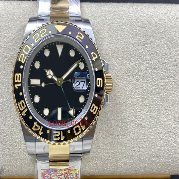 

clean maker super quality mens watch cal 3186 movement 40mm gmt ceramic black two-tone gold stainless mechanical autom250l, Slivery;brown