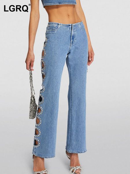

women's jeans lgrq stylish hollow out niche design diamond decorate casual jean's 2023 trendy slim fit denim pants 19f3037 230821, Blue