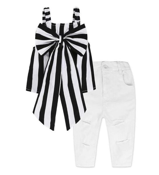 

kids designer clothes 2019 summer baby girls outfits girls sets plaid clothing shoulderstraps bow stripe long pants child out6112403, White