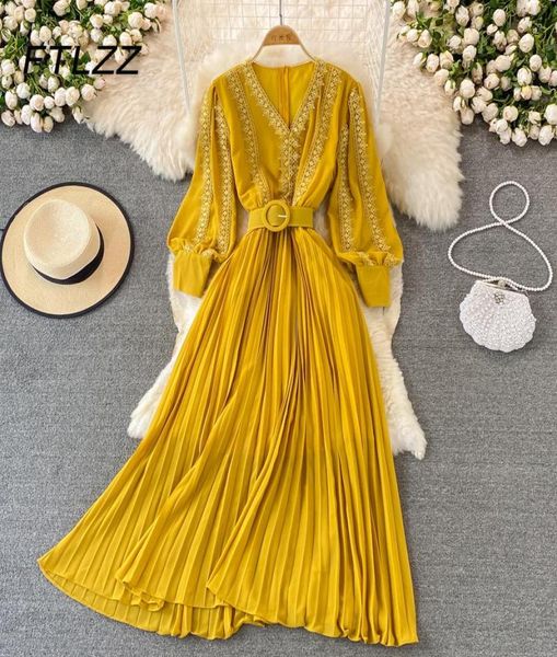 

casual dresses women vintage pleated dress spring autumn v neck puff sleeve french ladies elegant a line embroidery party6579160, Black;gray