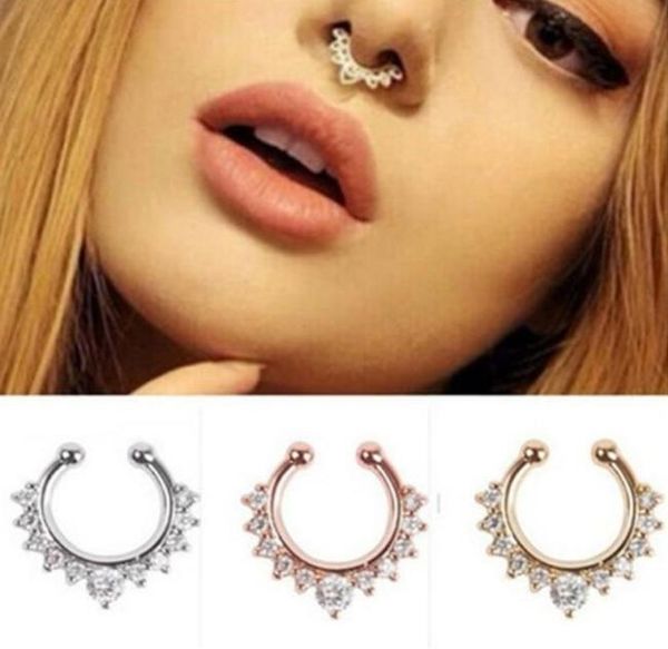 

whole2016 fancy titanium crystal fake nose ring septum nose hoop ring piercing body jewelry drop 5470687, Slivery;golden