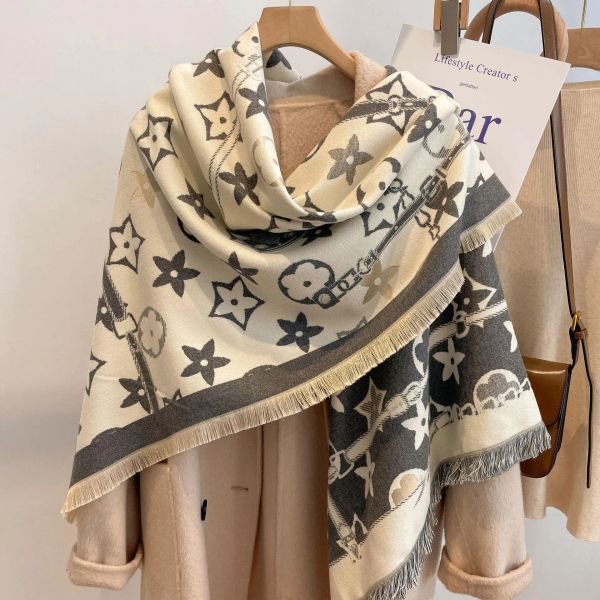 

luxury silk scarf women winter warm shawls and wraps designer print bufanda thick blanket scarves 2023 size 128x122cm, Blue;gray