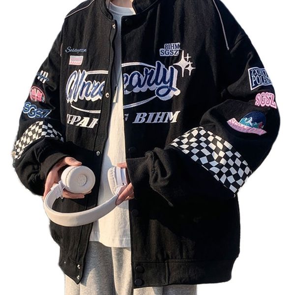

men's jackets embroidery fashion streetwear racer jackets men women y2k hiphop motorcycle plaid vintage bomber harajuku autumn jackets, Black;brown