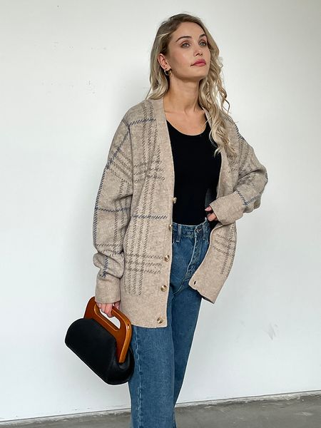 

womens knits tees autumn design casual classic knit plaid cardigan 230821, White
