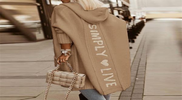 

autumn winter women sweater cardigan fashion letter printed hooded sweater coats casual long sleeve knitted loose overcoats 2201243117196, White