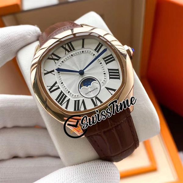 

new drive moon phase wgnm0008 automatic mens watch white texture dial rose gold case brown leather strap gents watches swisstime 52525, Slivery;brown