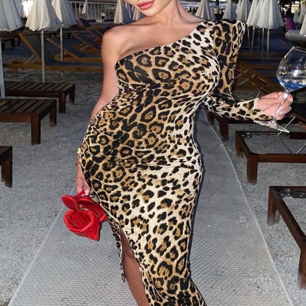 

casual dresses leopard print dress women039s fashion one shoulder fluffy sleeve cheetah printing high seam party 2021 fall wome7908132, Black;gray