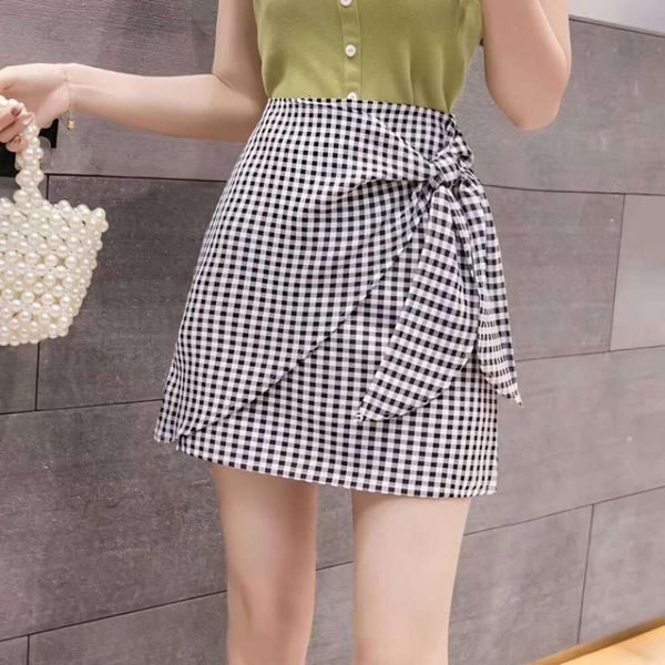 

plaid a line skirt womens summer short ol anti revealing outer wear hip wrap, Black