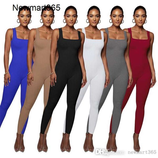 

women jumpsuits designer 2023 new solid color sleeveless vest with threaded square neck open back buttocks slim fitting rompers 6 colours, Black;white