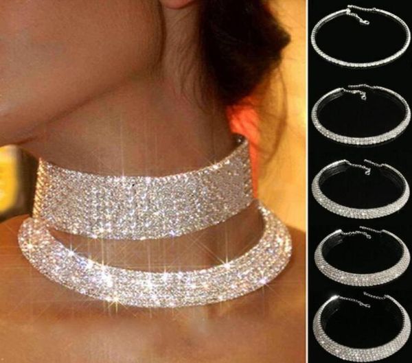 

luxury bridal wedding jewelry multi layer crystal rhinestone choker necklace shinning collar necklaces for women party3217659, Golden;silver