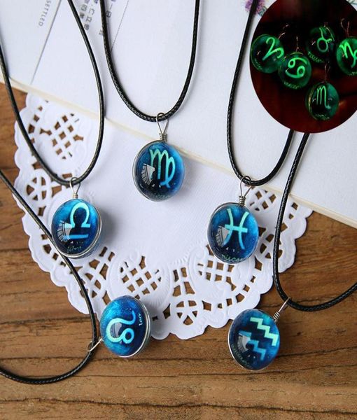 

12 zodiac signs luminous necklace women glow in the dark constellation glass gemstone pendant black leather wax rope chains for me7275121, Silver