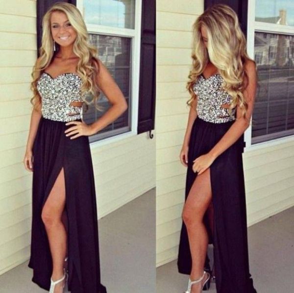 

black chiffon side split prom dresses bling crystals real sample sweetheart cut out waist backless evening gowns formal party dres9776031