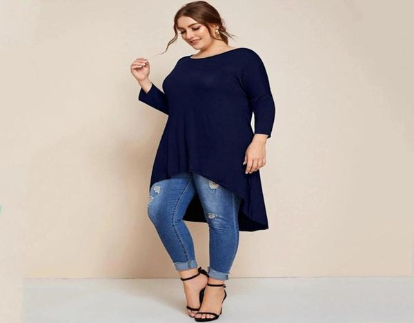 

women039s plus size tshirt drop shoulder loose tunics women 34 sleeve summer spring hi low fashion large long casual blou2208040, Black