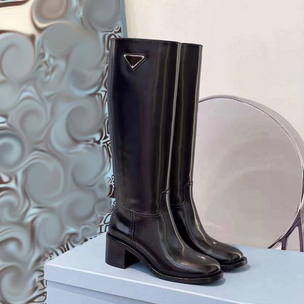 

triangle panelled boots thigh-high chunky block heel leather nylon sole women's luxury designers fashion party dress shoes factory foot, Black