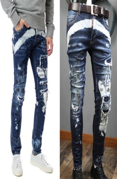 

man jeans blue graffiti distressed skater sparkle wash skinny fit worn out effect denim pants man267h2387569