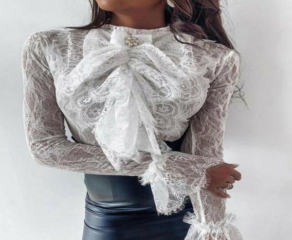 

elegant perspective womens and blouses long sleeve lace up plus size hollow out shirts women female 2021 autumn fashion6612921, White