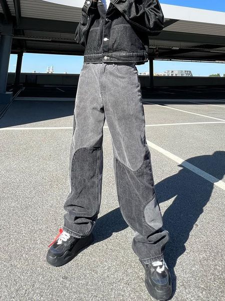 

men's jeans baggy jeans y2k hombre design gray spliced denim pants loose jean trousers vaqueros fashion patchwork straight jeans for me, Blue