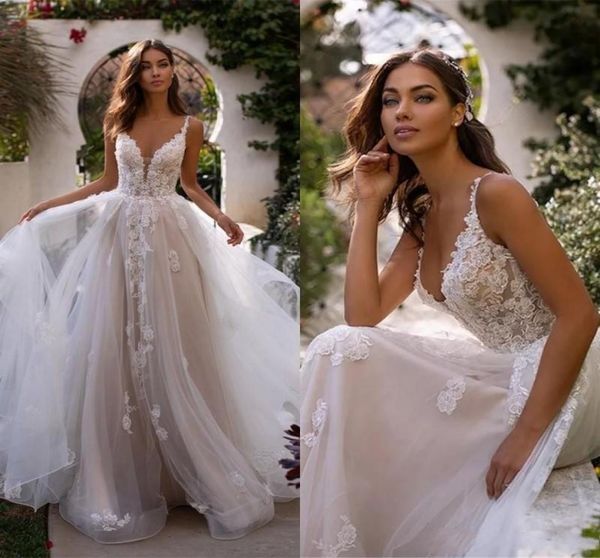 

2020 vintage lace a line wedding dresses spaghetti straps tulle applique ruffles court train garden bridal gowns vestido de noiva6433941, White