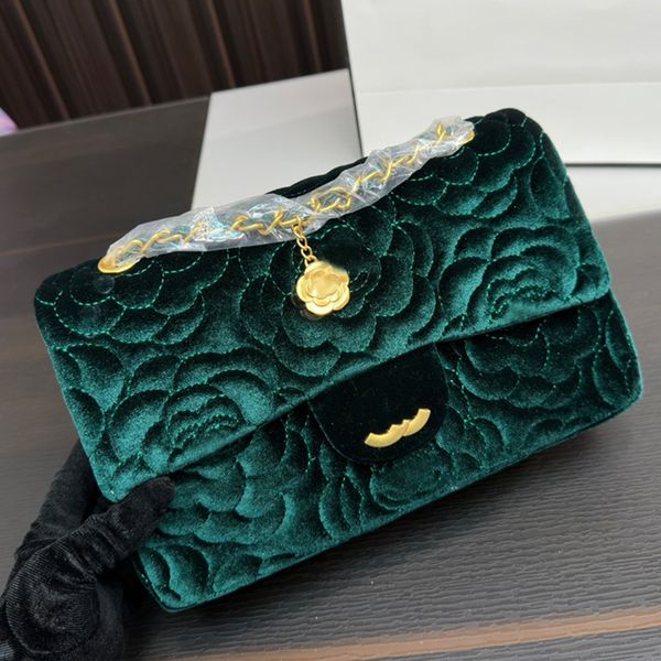 

designer ladies velvet shoulder bag camellia embroidery double flip bag hardware metal coin pendant luxury handbag matelasse chain crossbody