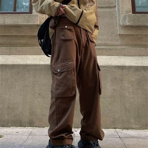 

men's pants r1dge high street overalls for men and women summer fashion brand large pocket straight loose wide leg casual jogger y23082, Black