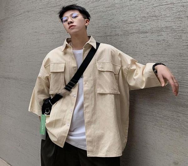 

summer men039s korean tooling short sleeve shirt outdoor kpop holiday preppy style smart casual shirts5625410, White;black