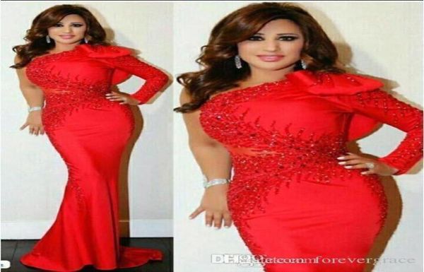 

2019 red arabic evening dress beaded mermaid one shoulder with long sleeves formal holiday wear prom party gown custom made 8490846, Black;red