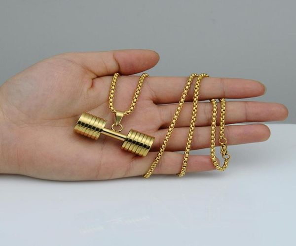 

gym sport dumbbell necklace fashion jewelry stainless steel bodybuilding pendant necklaces with chains for men will and sandy drop6034359, Silver
