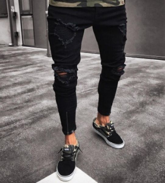 

pants black for men hip hop rock holes ripped jeans biker slim fit zipper jean distressed pants7837835, Blue