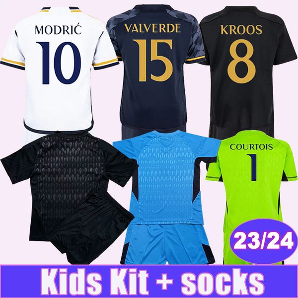 

23 24 bellingham modric valverde kids kit soccer jerseys kroos alaba vini jr. rodrygo camavinga tchouameni home away 3rd goalkeeper football, Black