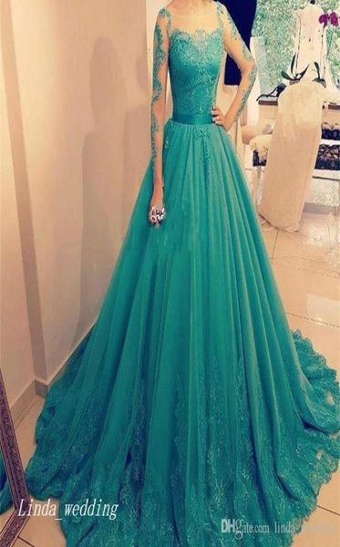 

2019 vintage green lace applique evening dress modest arabic africa illusion sheer long sleeves formal party gown custom made plus1035632, Black;red