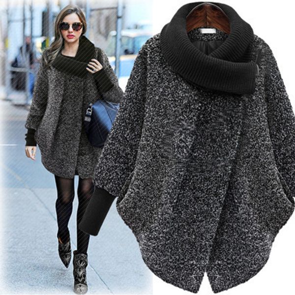 

womens wool blends winter high collar woolen coat medium long loose 230822, Black