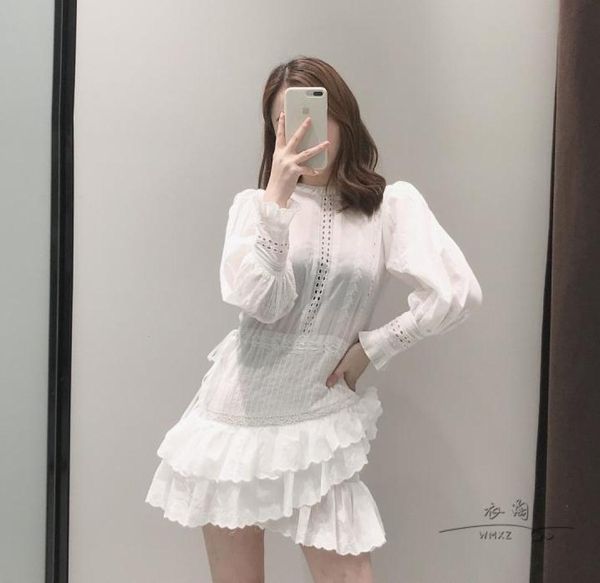 

2022 new design women039s oneck white color lantern long sleeve slim waist hollow out embroidery mermaid dress layered ruffles6505364, Black
