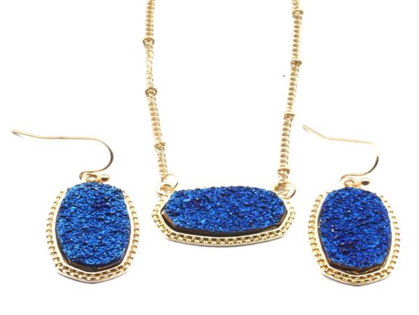

designer oval drusy druzy necklace dangle earrings jewelry set gold plated druse choker women wedding party mki2101212, Silver