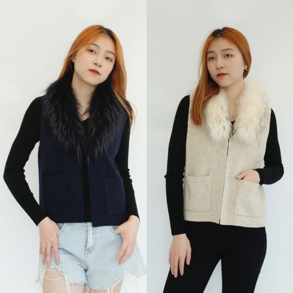 

women's knits tees 2023 arrival ladies wool blended knitted vneck vest sweater with removable real fur collar 230821, White