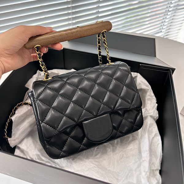 

deluxe genuine leather wooden handle single shoulder designer bag classic diamond lattice crossbody bag fashionable women's metal chain