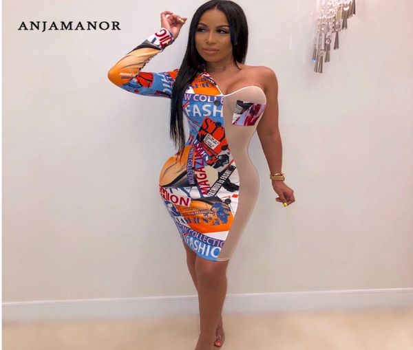 

anjamanor club dresses woman party night fashion print sheer mesh patchwork one shoulder long sleeve bodycon dress d36i94 y26906727, Black;gray