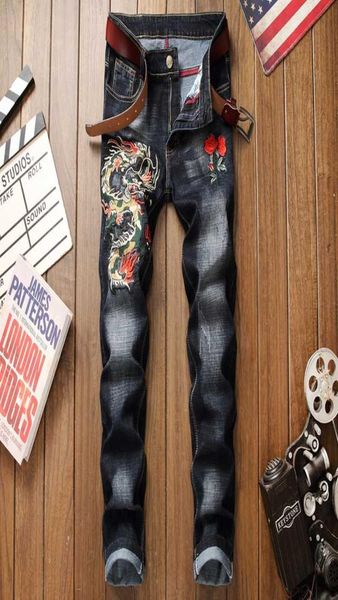 

mens jeans men straight cotton ripped distressed 3d dragon embroidery black denim trousers plus size 2938 homme jeans7659137, Blue