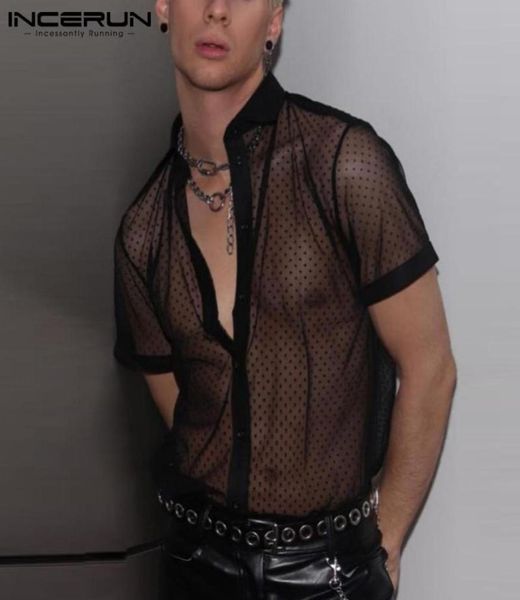 

men039s casual shirts 2022 men mesh shirt polka dot print see through lapel short sleeve streetwear party nightclub c9170487, White;black